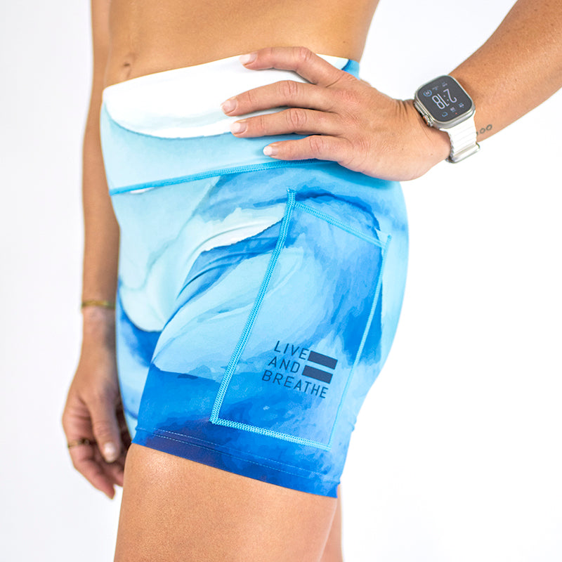 Blue Watercolour Compression Shorts Seamless High Waist 7 inch pockets LAB